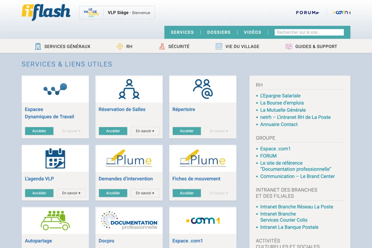 Accueil de l'intranet i-flash : une grille de raccourcis vers les services du siège — réservation de salles, annuaire, véhicules — avec une colonne de liens utiles à droite.